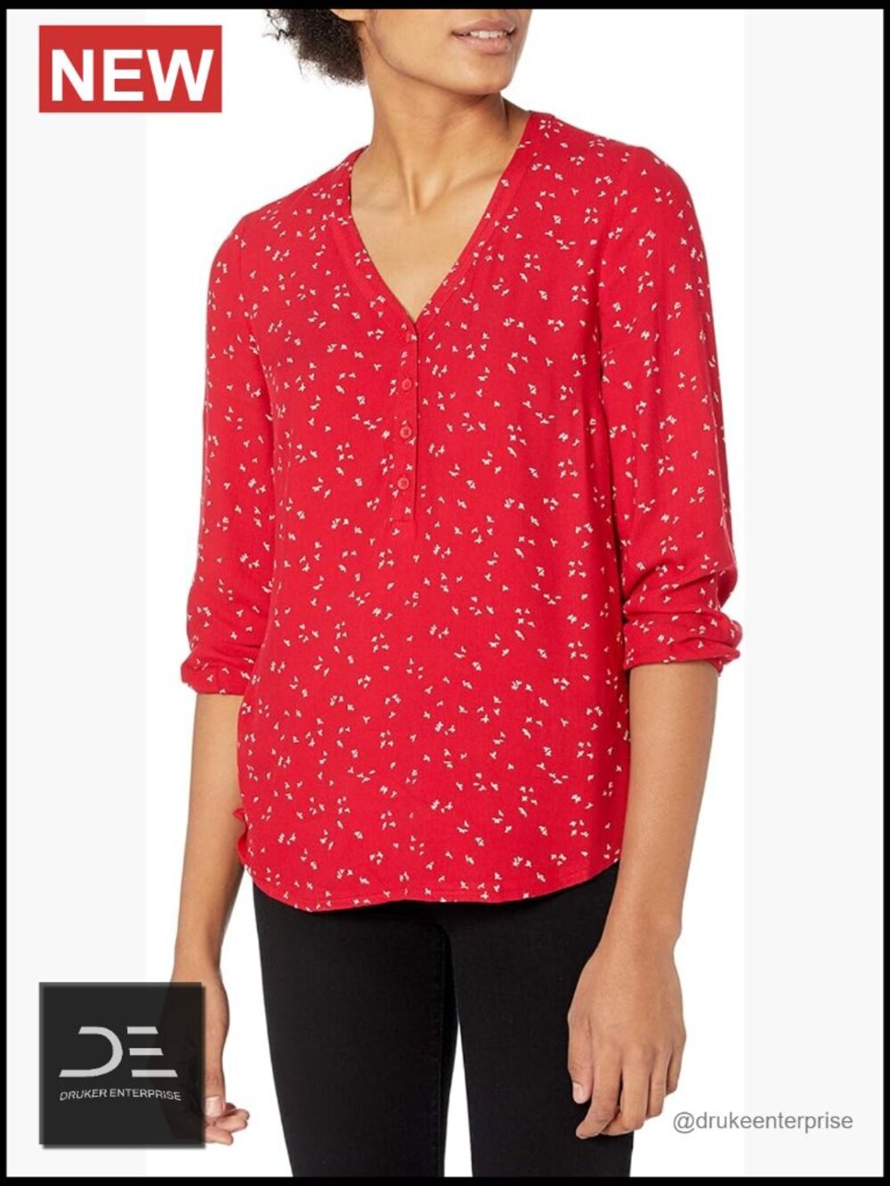 Women's 3/4 Sleeve Button Popover Blouse - Loose Fit V-Neck